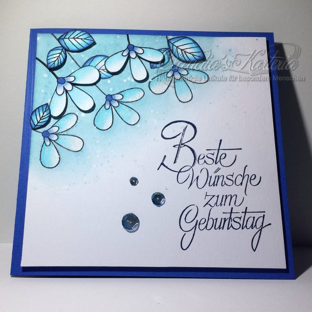 Blumige Wünsche zum Geburtstag in blau Geburtstagskarte Claudia's