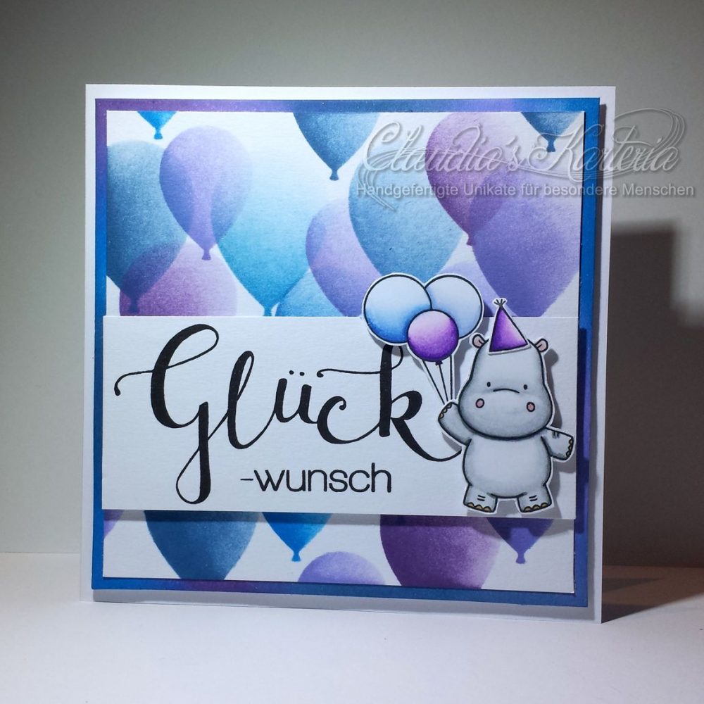 Ballonige Hippo-Wünsche in violet/blau | Glückwunschkarte