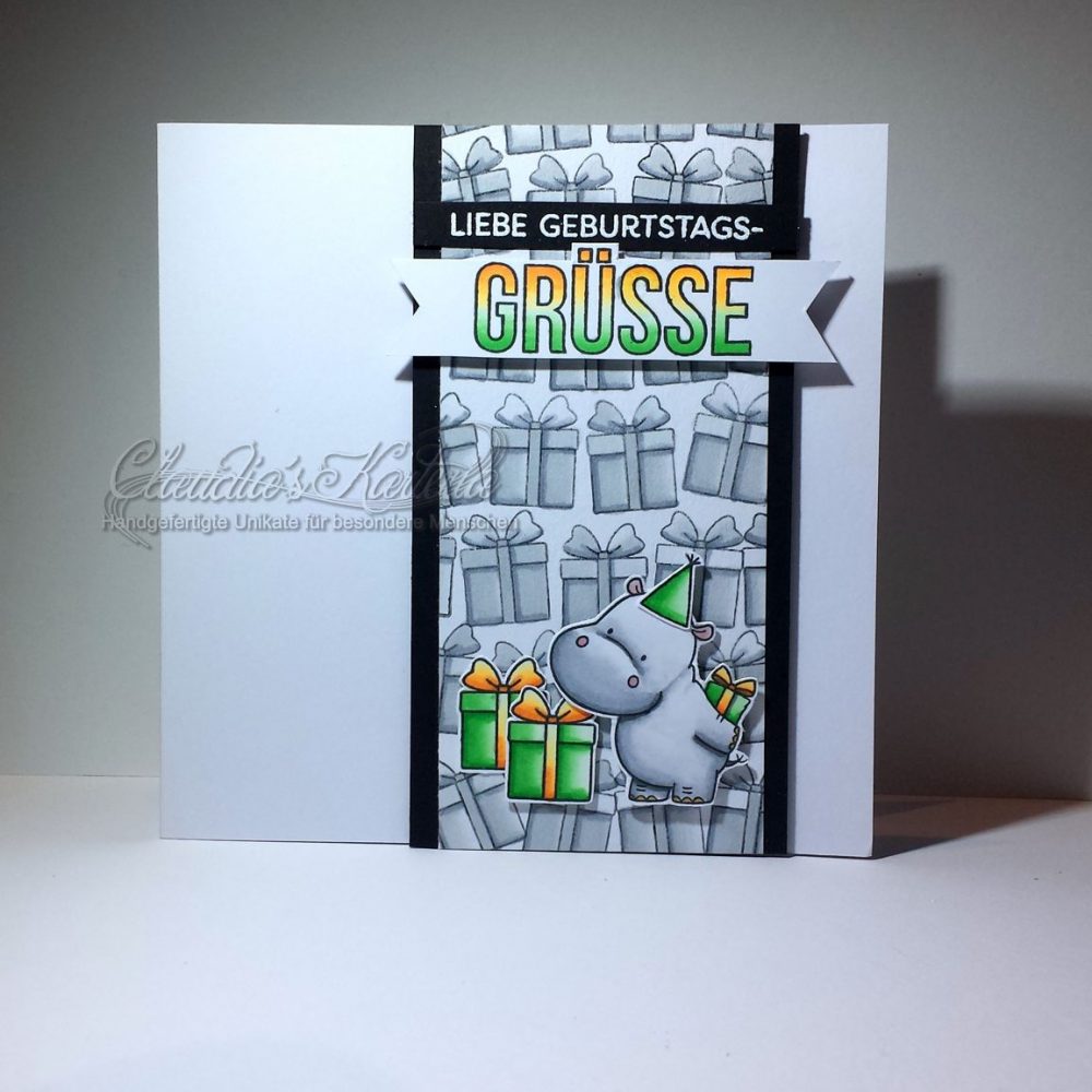 Hippo im Geschenke-Meer grau/grün/orange| Geburtstagskarte
