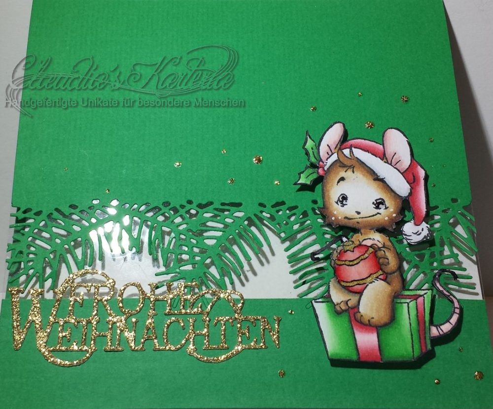 Geschenk-Maus auf Tannenzweigen | Weihnachtskarte