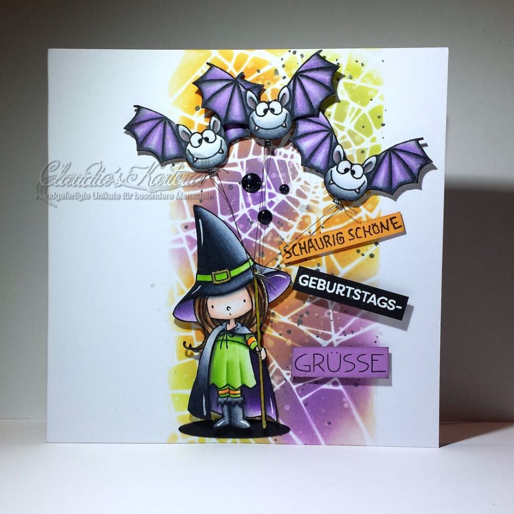 Schaurig schöne Hexe mit Fledermaus-Ballonen | Geburtstagskarte