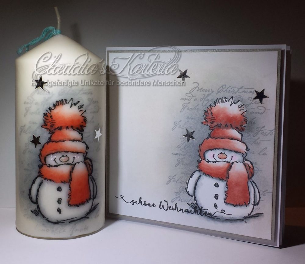 Schöner Weihnachts-Schneemann auf Schrift - rot | Weihnachtskarte & Kerze (Set)