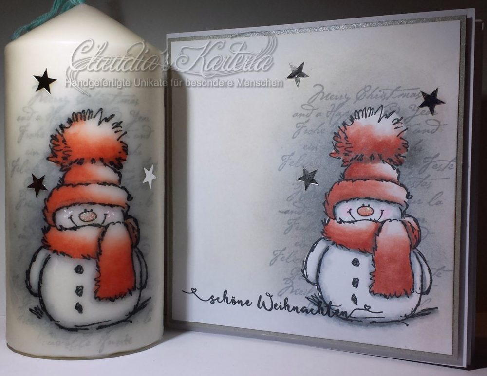 Schöner Weihnachts-Schneemann auf Schrift - rot | Weihnachtskarte & Kerze (Set)