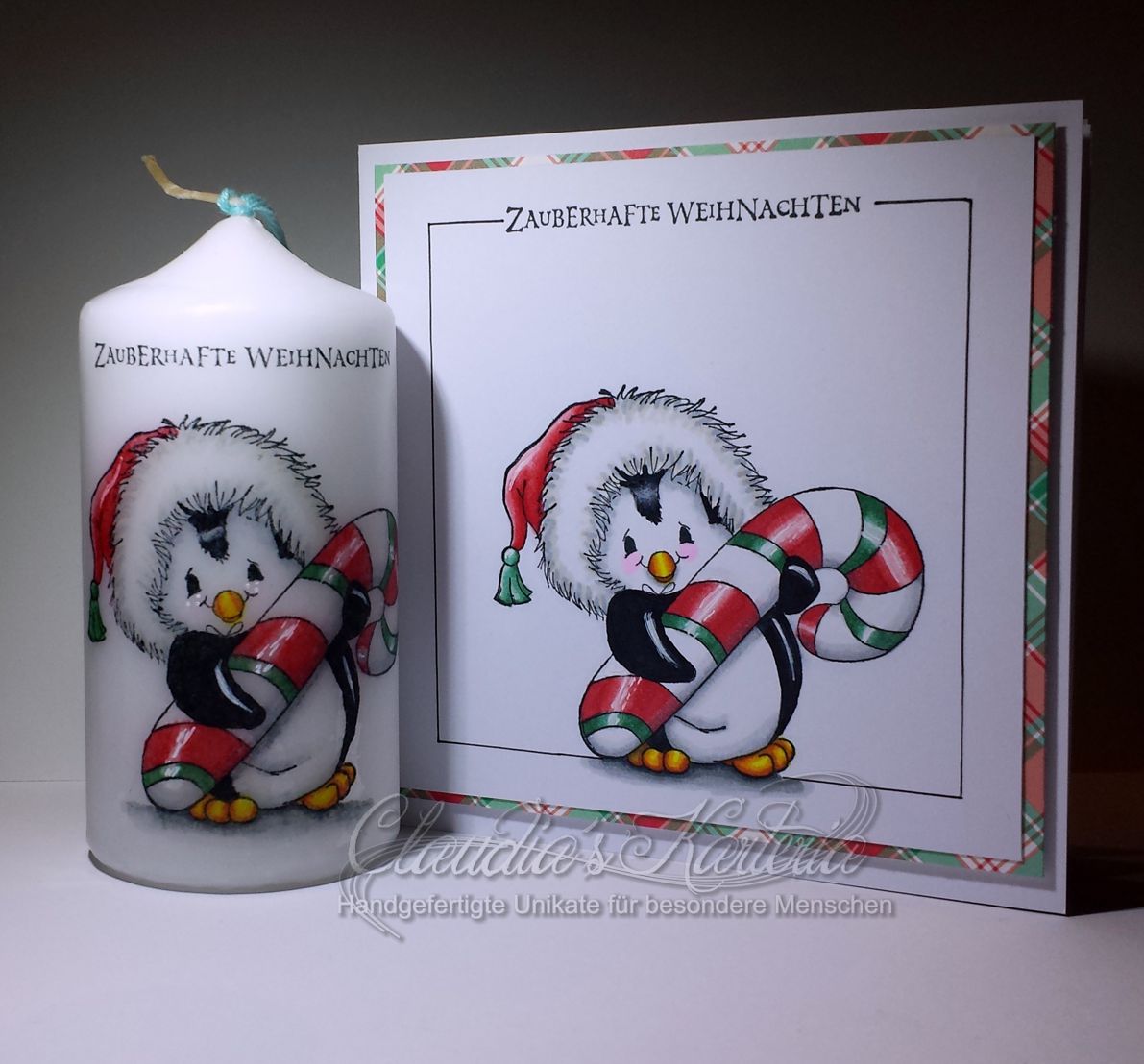 Zauberhafter Zuckerstangen-Punguin zur Weihnacht | Weihnachtskarte & Kerze (Set)