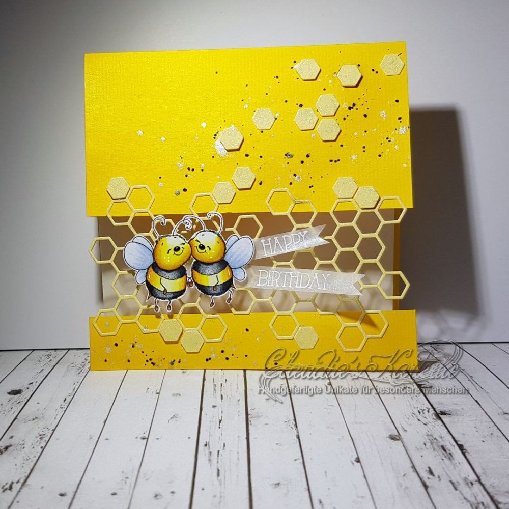 Honigbienen auf Glitzer-Waben | Geburtstagskarte