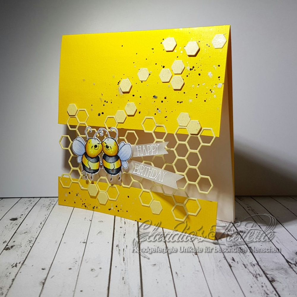 Honigbienen auf Glitzer-Waben | Geburtstagskarte