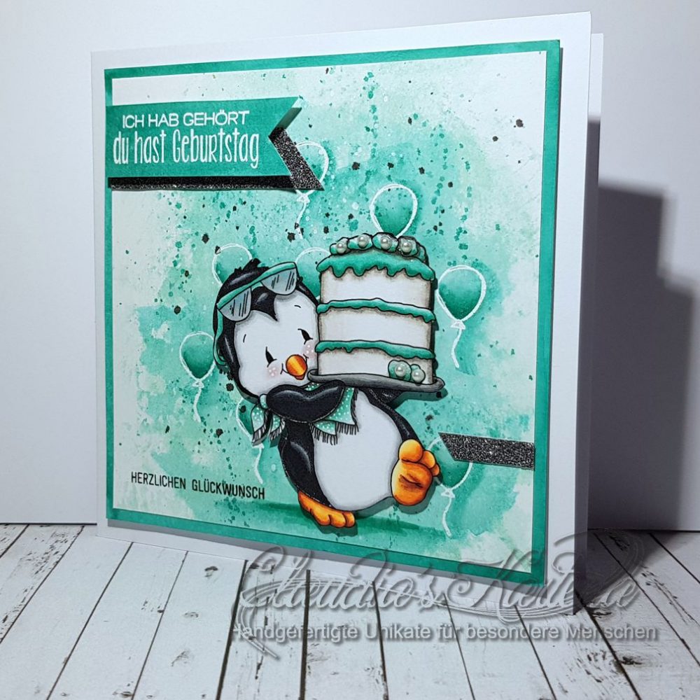 Pinguin's Geburtstags-Cake auf Aquarell türkis | Geburtstagskarte