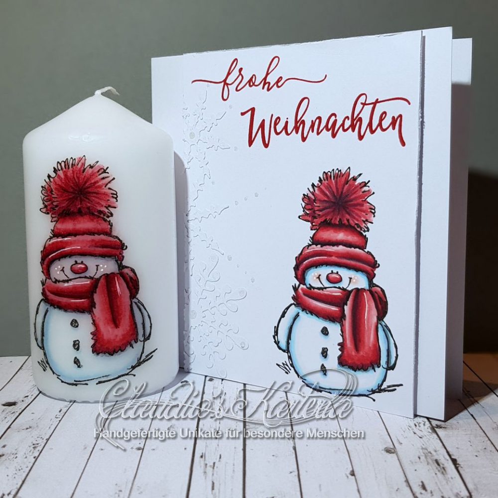 Cooler Schneemann in rot | Weihnachtskarte & Kerze (Set)