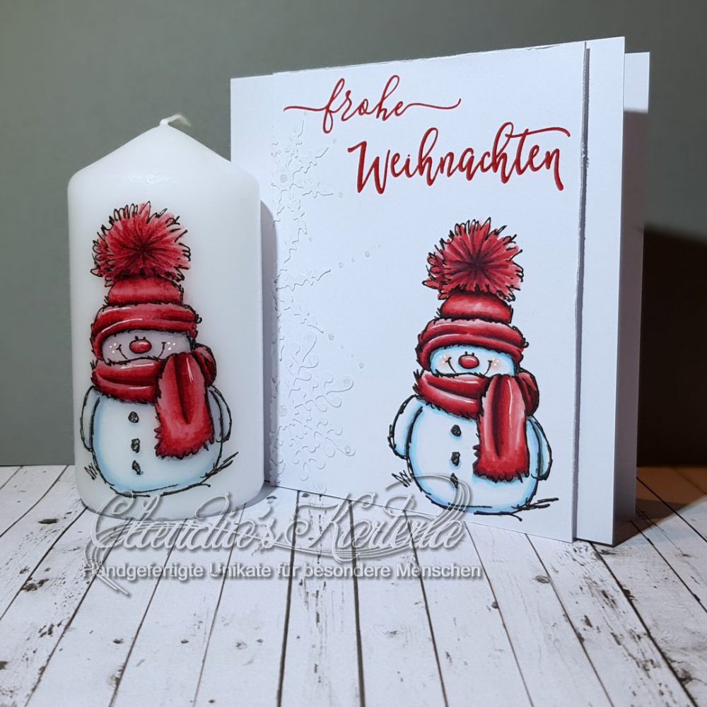 Cooler Schneemann in rot | Weihnachtskarte & Kerze (Set)