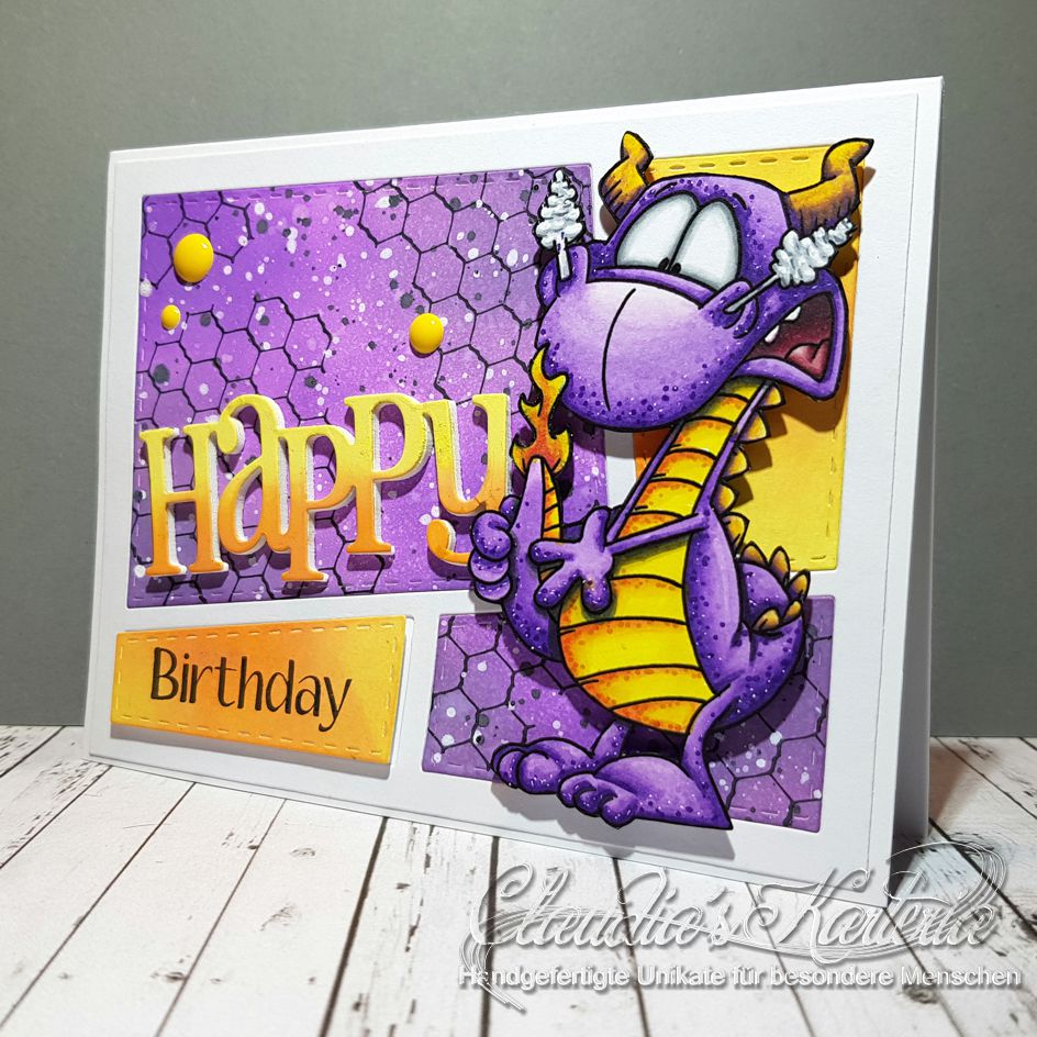 Happy Drachenkerze in violett/gelb | Geburtstagskarte