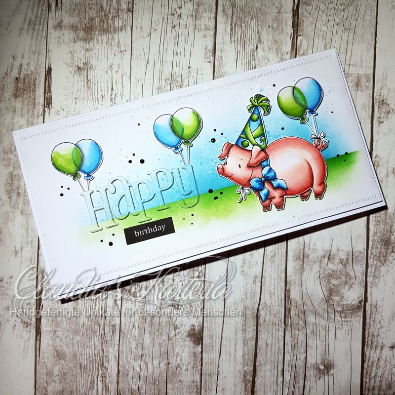 Happy Party-Schweinchen auf grün-blau | Geburtstagskarte
