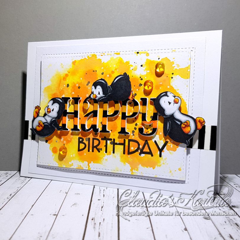Pinguin-Klecks-Truppe auf orange | Geburtstagskarte