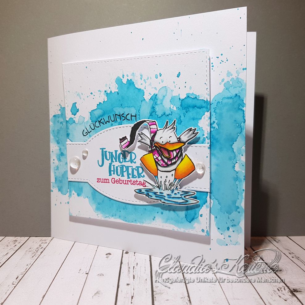 Junge Hüpfer-Ente auf türkis | Geburtstagskarte