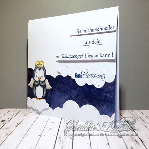Schneller Pinguin-Schutzengel weiss-blau | Gute Besserungskarte