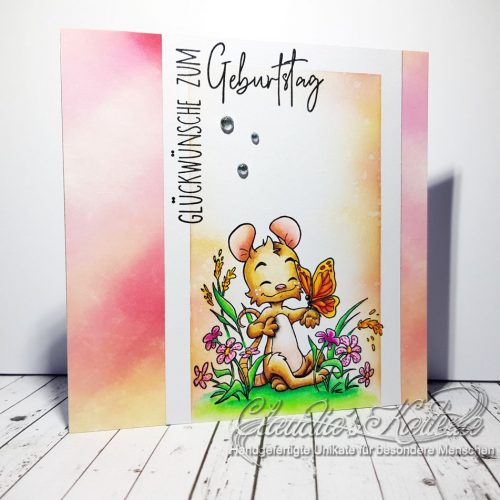 Frühlingshafte Geburtstags-Maus rosa-orange | Geburtstagskarte