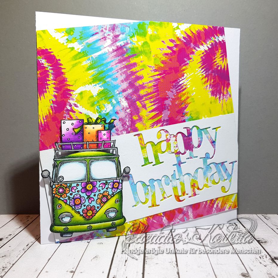 Flowerpower Birthday Bus auf Batik | Geburtstagskarte