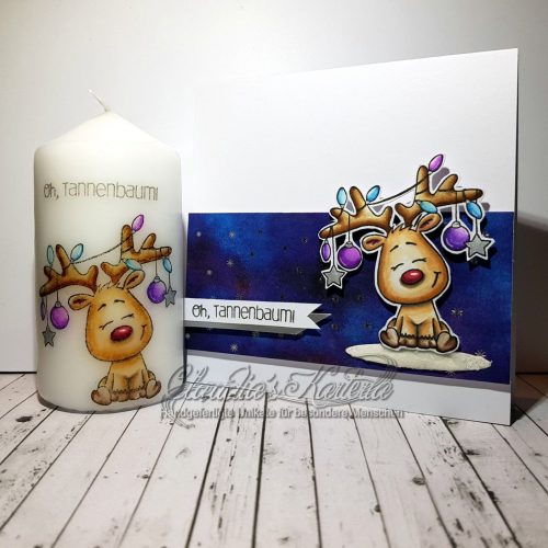 Rentier-Tannenbaum auf blau | Weihnachtskarte & Kerze (Set)