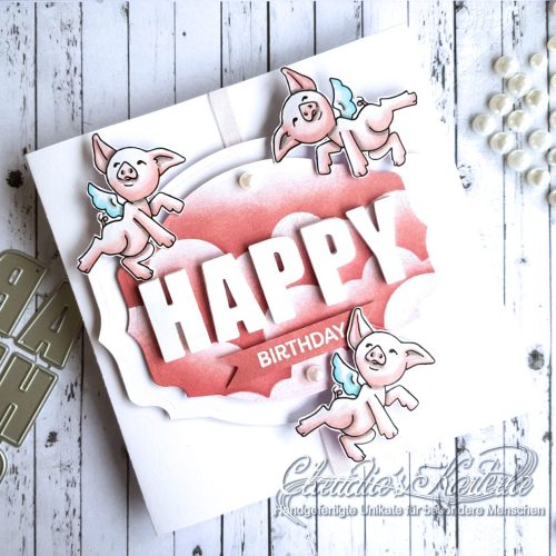 Schweinchen-Elfen auf rosa Wolken | Geburtstagskarte