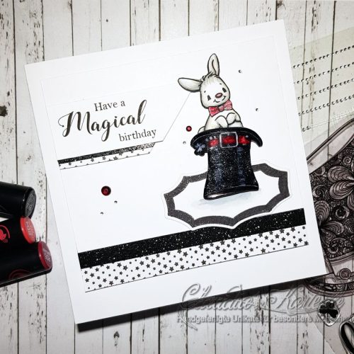 Magischer Zauberhut-Hase in schwarz-weiss | Geburtstagskarte